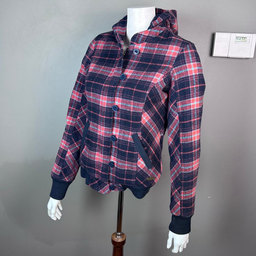 Billabong jacket women's small buffalo plaid grunge y2k quilted hood vintage